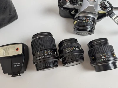 Pentax ME Super 35mm SLR Camera Kit + Lenses Flash Case – Read Details - Image 1 of 4