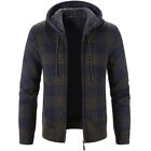 Mens Plaid Hoodie Knitted Cardigan Fleece Lined Winter Up Thick Thermal Jumper