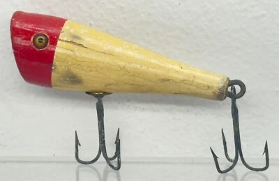 De colección 1940 Creek Chub Madera Popper Chugger Bass Señuelo de Pesca Enchufe Rojo Blanco Foto 1 de 4