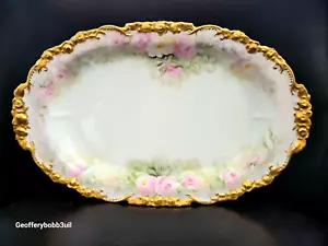 Antico piatto da portata JP Limoges rose dipinte a mano 16" bordo smerlato - Foto 1 di 9