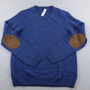 J CREW Sweater Mens XL Tall Blue Merino Wool Leather Elbow Patches V-Neck - Picture 1 of 12