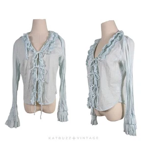 Boho Fairy Ruffle Top M Blue Tie Fairy Cotton Italy Cotton Gauze Ren Festival - Picture 1 of 11
