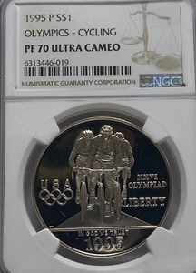 1995 P SILVER $1 OLYMPICS CYCLING COMMEMORATIVE NGC PF 70 ULTRA CAMEO NO RESERVE - Picture 1 of 3