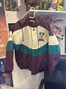 Vintage 90s Mighty Ducks Embroidered Puffer Jacket By Apex One NHL Official Sz L - Picture 1 of 12