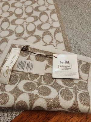 Bufanda Coach Signature tostada/dorada de lana metálica reversible con logotipo con monograma nueva con etiquetas Foto 1 de 4