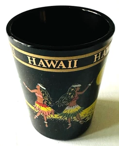 Hawaii Black Jigger Shot Glass Hula Dancers Moon Palm Trees Pineapple & Flowers - Picture 1 of 7