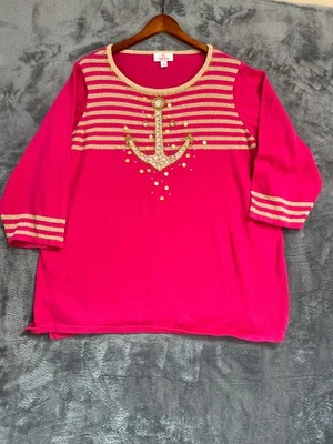 Quacker Factory Sweater Womens 1X Pink Gold Anchor Beaded Sequin Novelty - Image 1 of 4