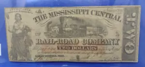 Banconota da 2 dollari 1862 Mississippi Central Railroad Company, Holly Springs, MS (A3) - Foto 1 di 18