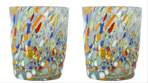 Pair of Murano Glass Drinking Tumblers Yellow Multi Millefiori 10cm - Picture 1 of 3