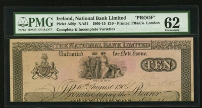 Ireland National Bank Limited 10 Pounds 10.8.1905 Pick A59p PMG Uncirculated 62 - Image 1 of 2