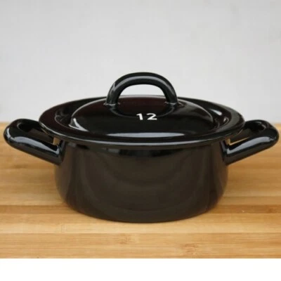 Riess Emaille Topf schwarz 12 cm Riesen Zwerge Kochtopf mit Deckel - Bild 1 von 2