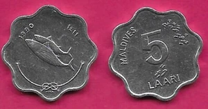 MALDIVES ISLANDS 5 LAARI 1990 UNC TWO BONITO FISH SWIMMING UPWARD LEFT,SCALOOPED - Picture 1 of 1