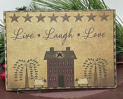 Primitive Handmade Vintage Postcard  5”x7” Canvas Plaque Live Love Laugh - Image 1 of 4