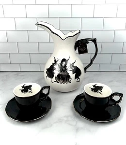 Potters Studio Witches Brew Pitcher + 2 Halloween Teacups and Saucer Sets New - Picture 1 of 4