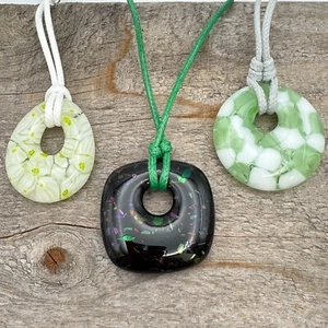 Fused Glass Donut Pendant Murrine Green White Black Dichro Handmade Lot of 3 - Picture 1 of 13