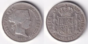 1868 ISABEL II 50 Centimos Spanish Philippine Silver Coin KM# 147, Stock - Z14 - Picture 1 of 4