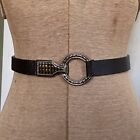 Chicos Womens Belt Brown Leather Two Tone Silver Gold Hammered Buckle Adjustable