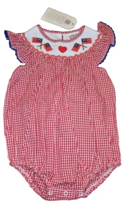 NWT Lil Cactus Girls Size 12-18 Months Smocked USA Flags Gingham Bubble Romper - Picture 1 of 8