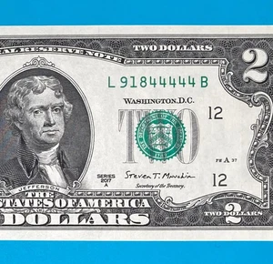 L 91844444 B TRAILING Five 4 's in a Row $2 Two Dollar Bill Serial Number *UNC* - Picture 1 of 3