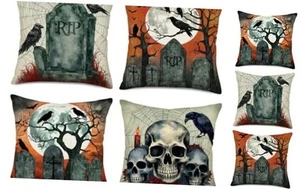  Set of 4 Throw Pillow Cover Scary Halloween Night Home Decor Vintage Skull - Picture 1 of 8