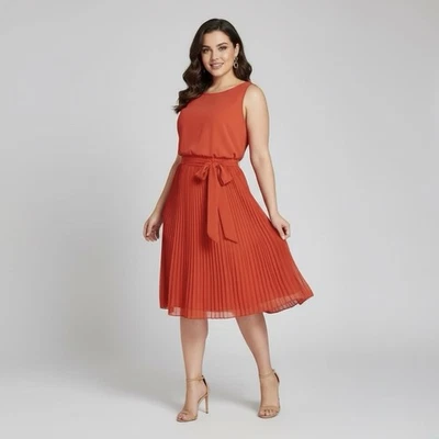 White House Black Market WHBM Women’s Orange Red Pleated Midi Dress Size 6 - Image 1 of 4