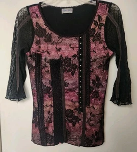 Womens Jr. Black Lace Top L Sheer  whimsigoth  Dark Fairy Romantic 3/4 Sleeve - Picture 1 of 3