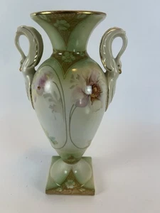 "Florero de porcelana RS Suhl pintado a mano asas de cisne floral 11"" Alemania antiguo" - Imagen 1 de 15