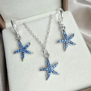 Blue Crystal Starfish Hoop Earrings | Silver Plated beach holiday Jewellery Gift - Picture 1 of 9