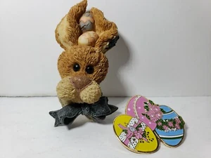 2 Easter Bunny Resin Pastel Enameled Eggs Brooch Pin Gold Tone 2” - Picture 1 of 7