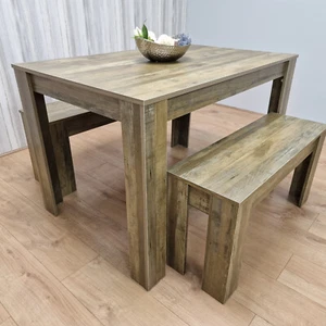  Dining Table And 2 Benches Home kitchen set of 4 Rustic Effect wood table  - Picture 1 of 9