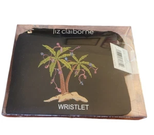 Liz Claiborne Zip Wristlet Black with Embroidered Palm Trees NEW - Picture 1 of 5