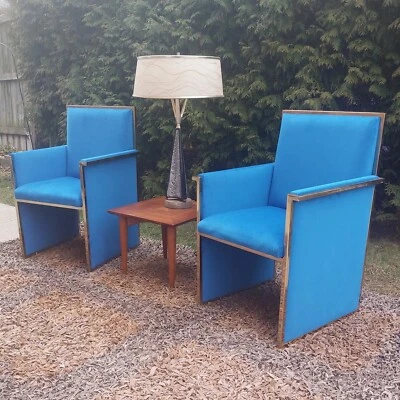 Fab Post-Mod  70s Italian Armchairs In Blue Velvet - Image 1 of 4