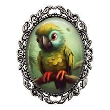 Cartoon Green Parrot Glass Top Brooch Pin Bird Lovers Photo Jewelry