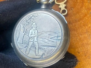 Antique Pocket Watch Mechanical Fisher Silver Swiss Key Open Face Chain Rare Old - Picture 1 of 24