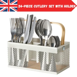 IKEA 24-Piece Cutlery Set Stainless Steel with Basket Organizer Bamboo Handle - Picture 1 of 6