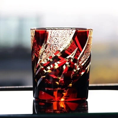 UNMARKED Cut Crystal Whiskey Glass Tumbler Edo Kiriko Drinkware Hand Cut Clear 9oz Red