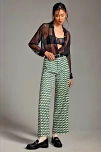 NWT ANTHROPOLOGIE MAEVE COLETTE CROP WIDE LEG LINEN PANTS GREEN PLAID 26 - Picture 1 of 4