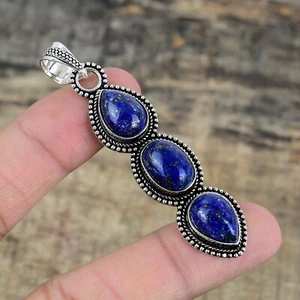 Lapislázuli 3 Gema Hecho a Mano 925 Plata de Ley Joyería Colgante para Mujer - Imagen 1 de 4