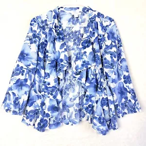 Charter Club Linen Watercolor Floral Open Front Ruffle Cardigan Womens S Blue - Picture 1 of 6