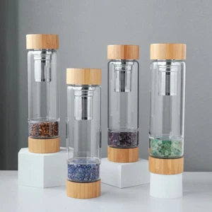 Natural Quartz Gravel Crystal Healing Energy Elixir Glass Water Bottle Bamboo - Picture 1 of 26
