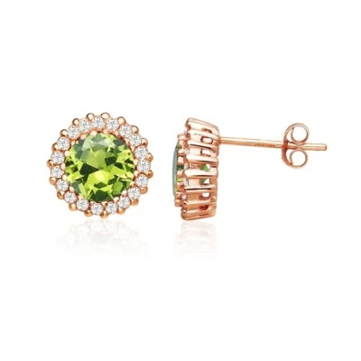 Round Halo Simulated Peridot & CZ Stud Earrings in Rose Gold Plated 925 Silver - Image 1 of 4