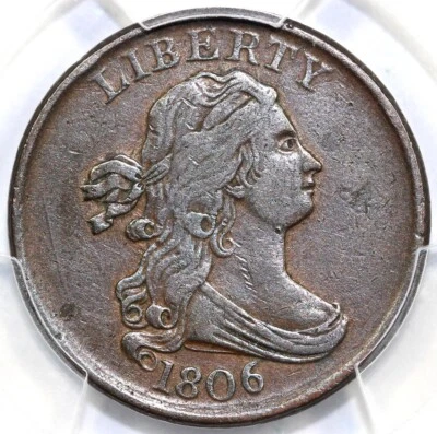 1806 1/2c C-1 Small 6, No Stems Draped Bust Half Cent PCGS XF Details Cleaned - Image 1 of 4
