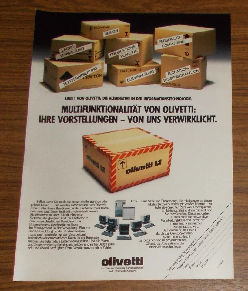 Seltene Werbung OLIVETTI L1 LINIE 1 Personal Computer - Netzwerk 1984 - Image 1 of 1