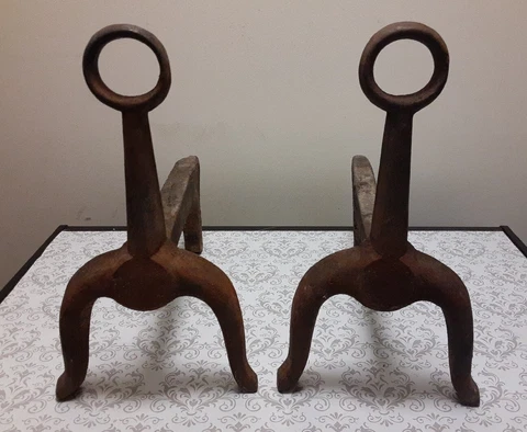 Antique Cast Iron Andirons - Primitive Blacksmith Forged - Fire Dogs Cover