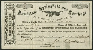 U.S.A: Ohio: Hamilton, Springfield and Carthage Turnpike Co., $50 shares, 1894 - Picture 1 of 1