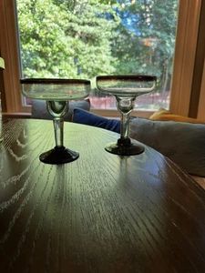 Lote de 2 vasos de margarita de vidrio soplado boca mano mexicana borde púrpura ciruela - Imagen 1 de 4