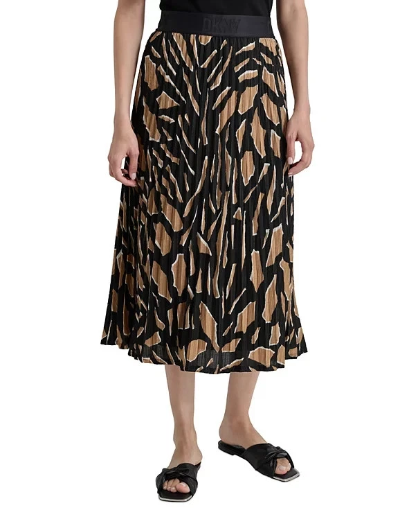 DKNY Women's Pleated Pull-On Printed Midi Skirt Abstract Geo Truffle Size M