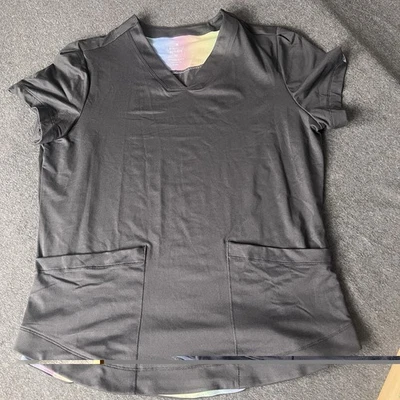 Beyond Scrubs Top  Ever bloom Rainbow  Med V Neck SB T116 Stretch Pockets Pewter - Image 1 of 4