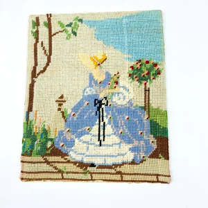 Vintage Cross Stitch Lady in Blue Dress 1970s Handmade Mounted Piece - Picture 1 of 10