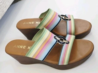 Sandalia de cuña Anne Klein Hadya para mujer talla 10 cuero marrón varias rayas sin cordones Foto 1 de 4